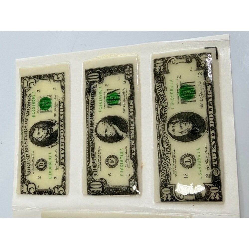 VIntage Toy 3" Plastic Puffy Stickers NOS 1980's Fake Play Dollars Money Bills - Picture 3 of 6